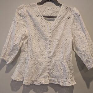The Kooples White Eyelet Button-Up Cotton Blouse Cottagecore Prairie Peplum Sz 1